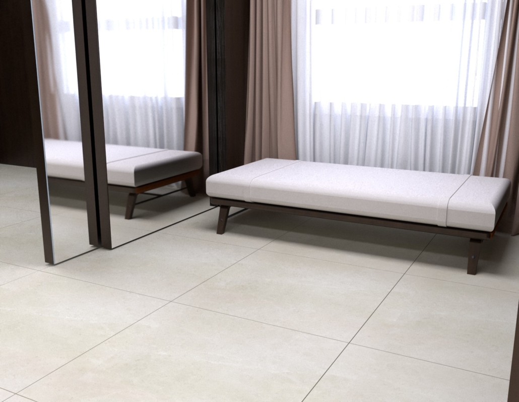 Render 3D de cocina en tonos crema premium beige