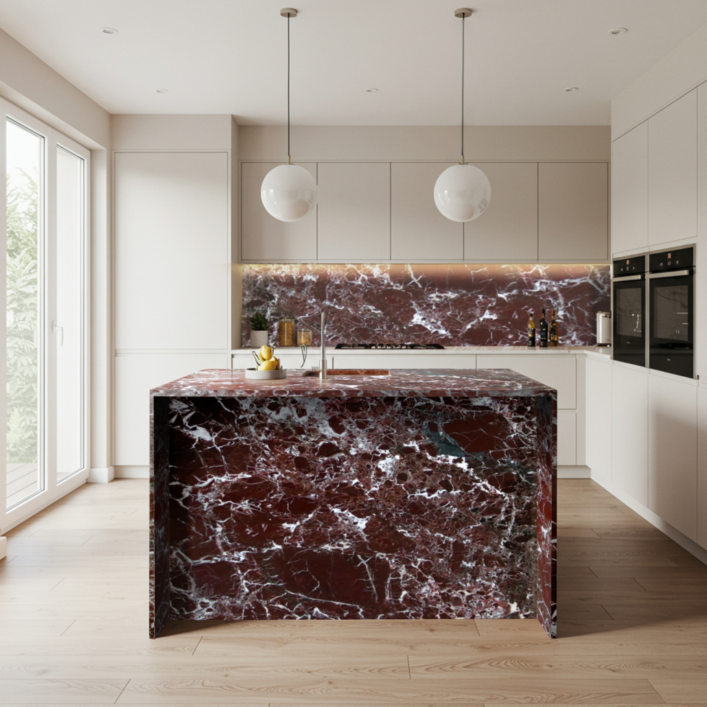 Render 3D de cocina con mármol rojo Rosso Levanto